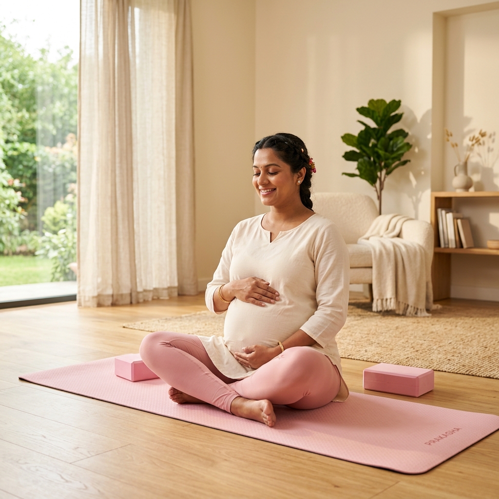 Glowing Indian mother performing gentle yoga stretching exercises at home